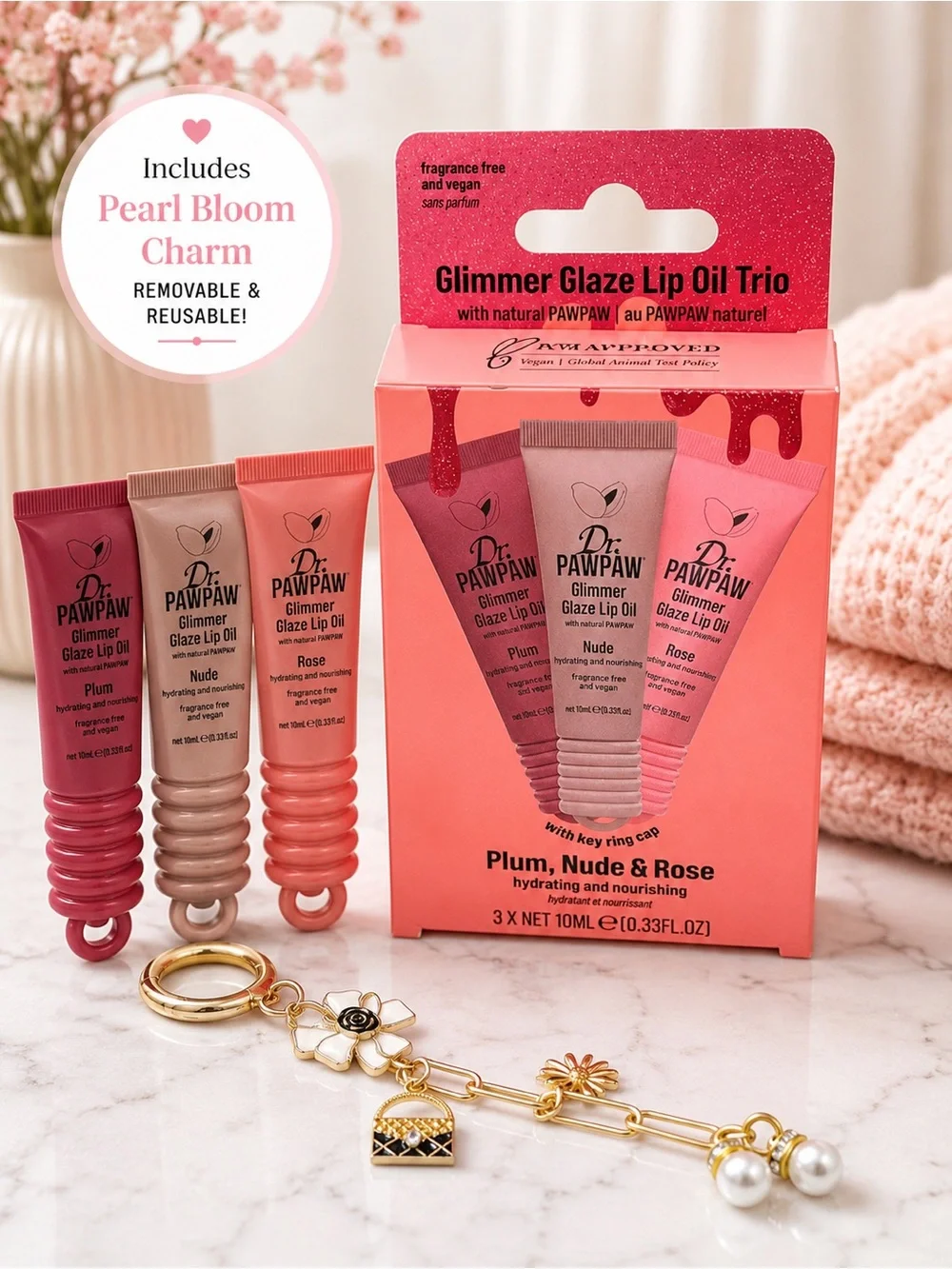 Dr. PAWPAW Glimmer Glaze Lip Oil Trio + Pearl Bloom Charm Gift Set NWT